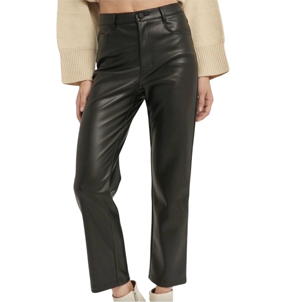 Miou Muse‎ Vegan Leather Crop Pants Straight Leg Trousers Black High Rise
